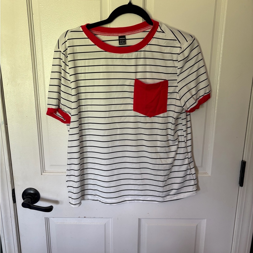 SHEIN White Black Striped Short Sleeve Tee with Red Trim & Pocket
